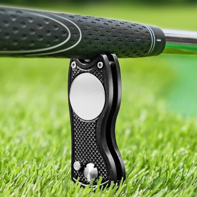 TEMU 1pc Premium Stainless Steel Golf Repair Tool With Folding Ball Marker, Carbon Fiber Handle, No Magnetic - Red/black/blue