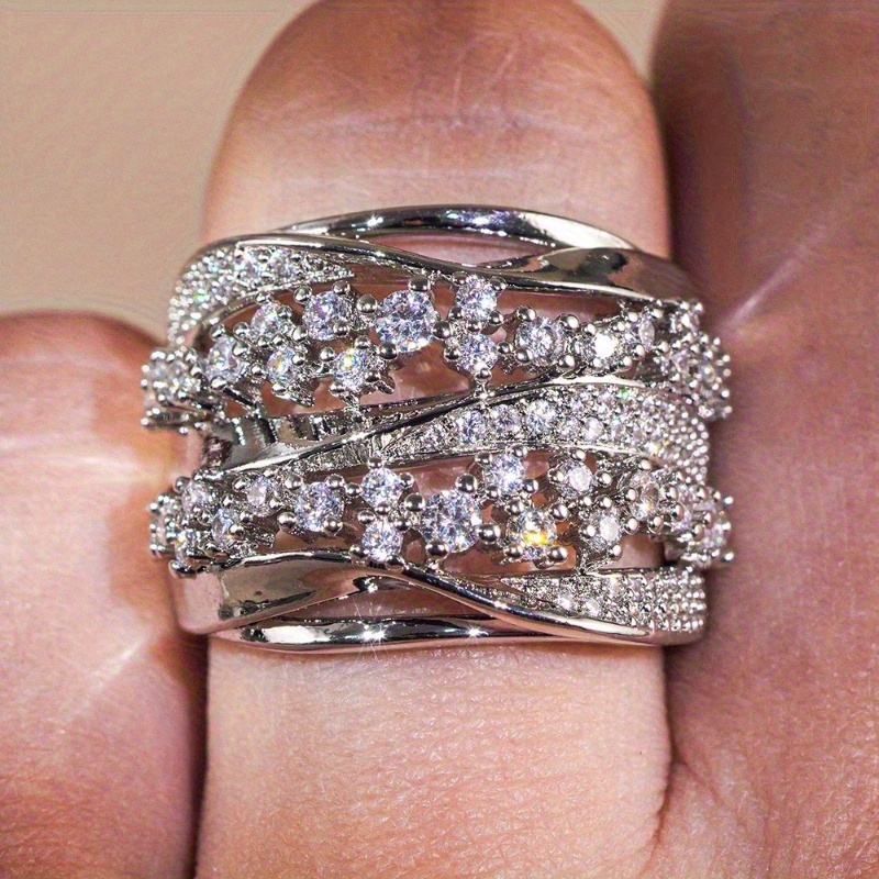 Layer Interlaced Hollow Pave Set Sparkling Synthetic Zirconia Engagement Ring