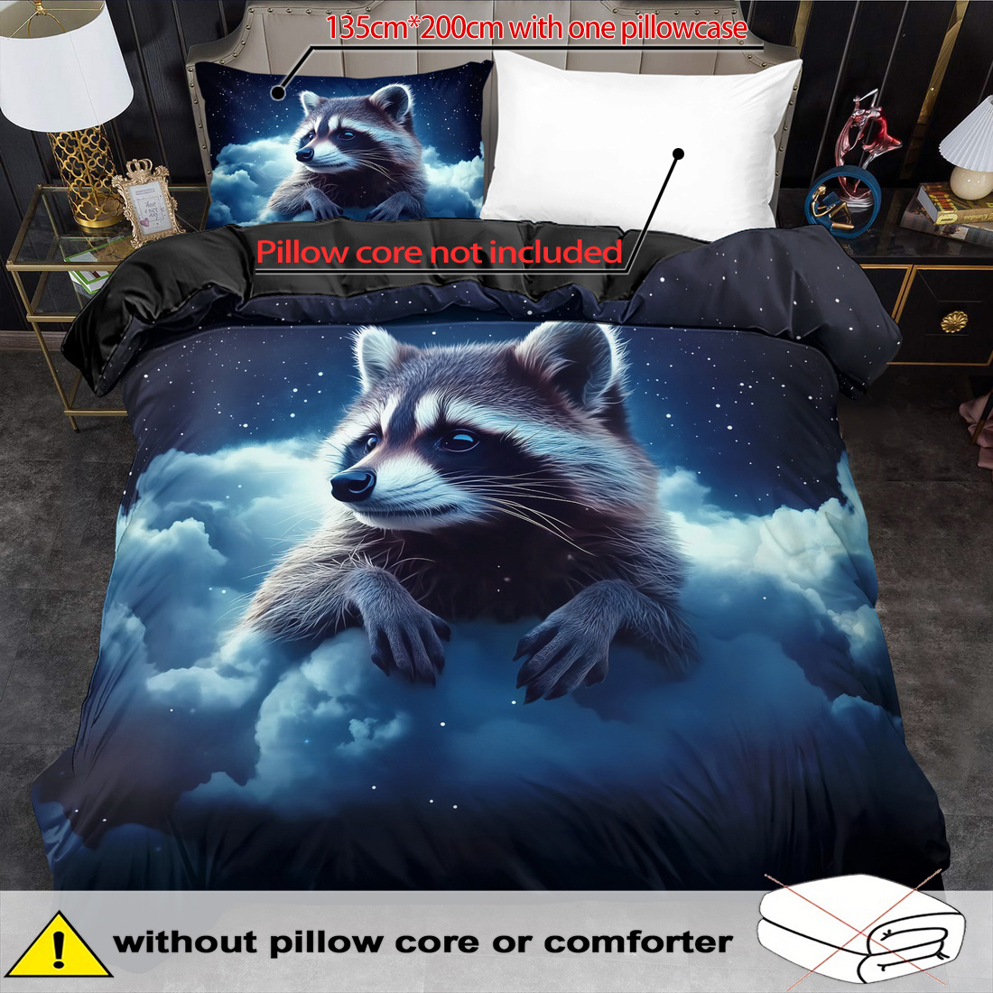 E-shop 2/3-teiliges Bettbezug-Set, niedlicher Cartoon-Tier-Waschbär-Druck Bettbezug-Set, Bettwäsche im King-Queen-Stil, maschinenwaschbares Polyester,