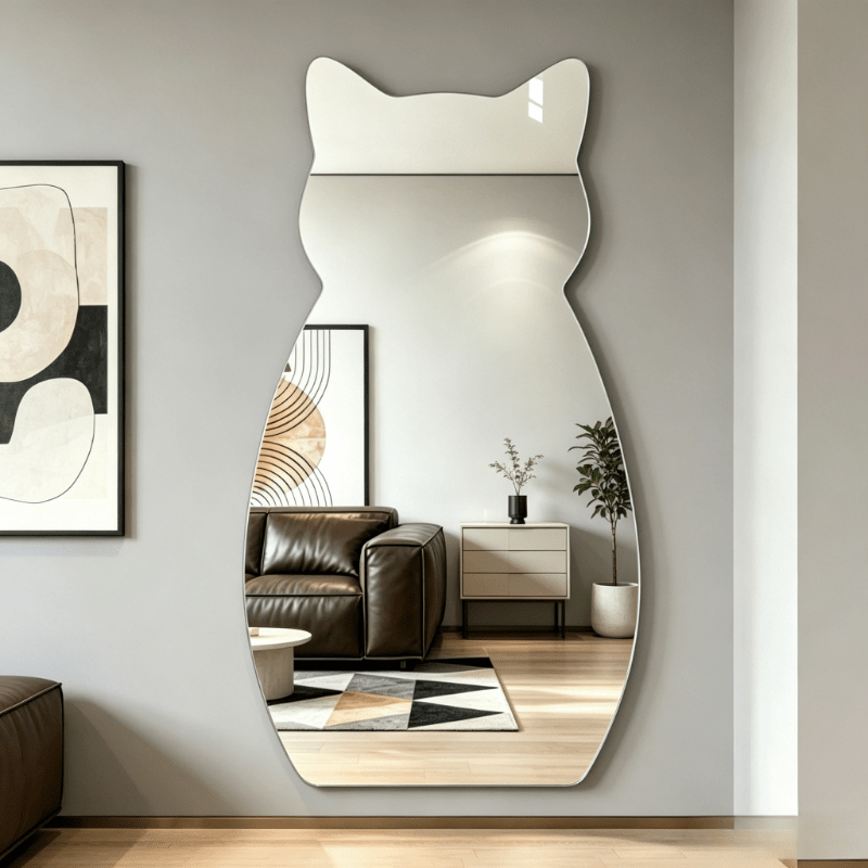 TEMU Specchio da parete senza cornice a forma - Specchio da appendere in acrilico infrangibile con gatto irregolare, installazione adesiva/a senza