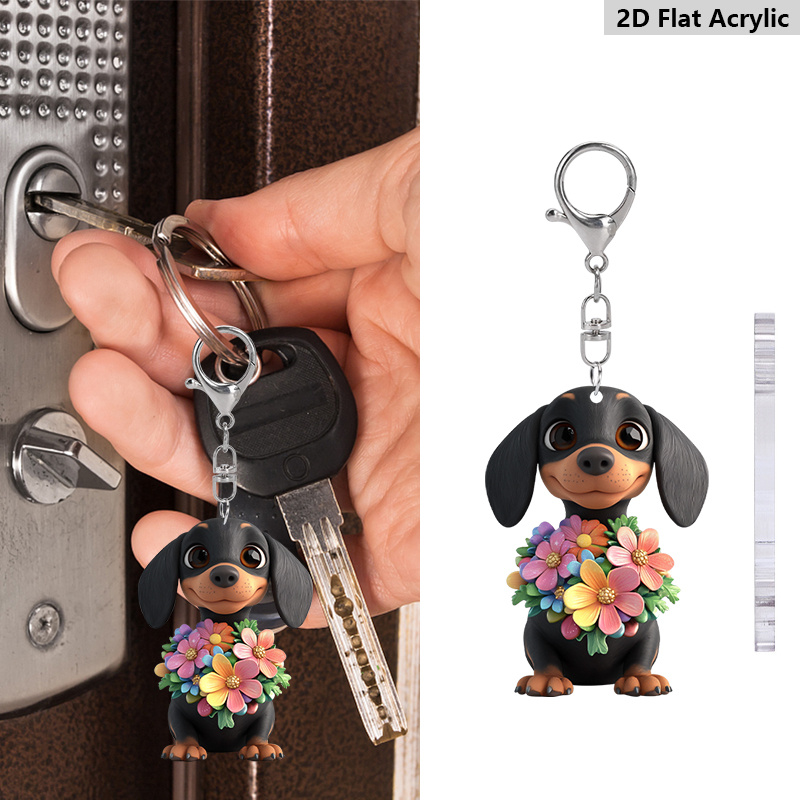 

Dachshund Keychain With Flowers, 2d Acrylic Flat Transparent Keyring, Cute Dog Lover Gift, Decorative Party Favor, Ideal For Keys & Handbags