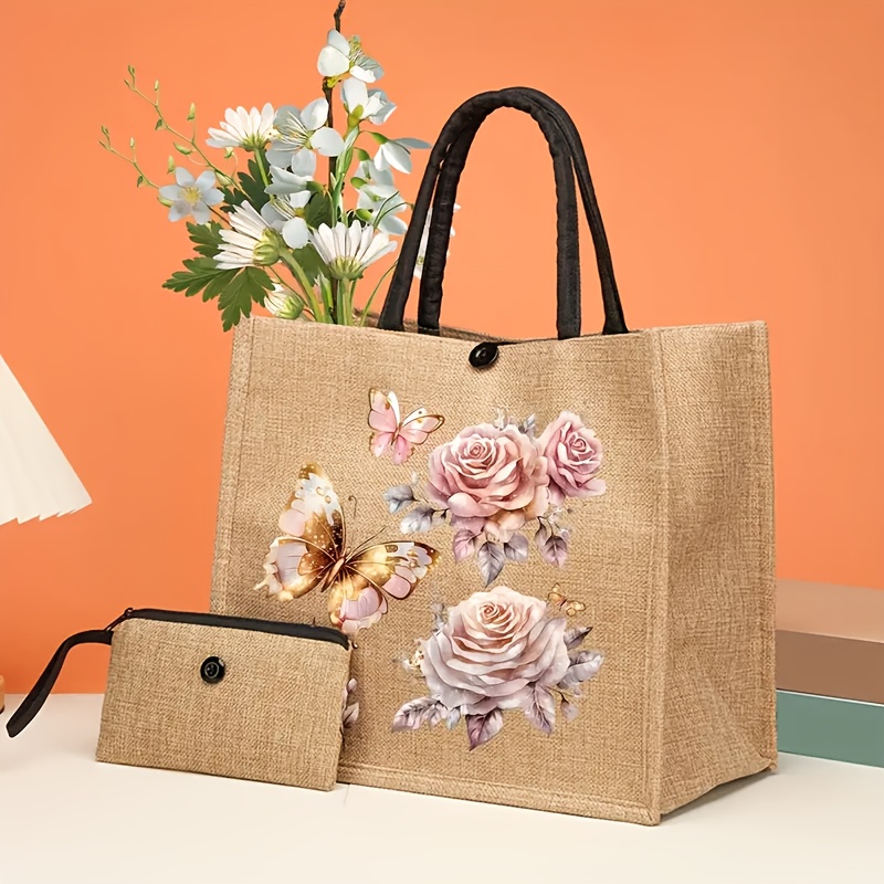 TEMU Flower Large Capacity Handbag, Storage Bag Laundry Bag Travel Bag, Fashionable Shopping Bag With Large Capacity, Portable Jute Bag Gift Bag For