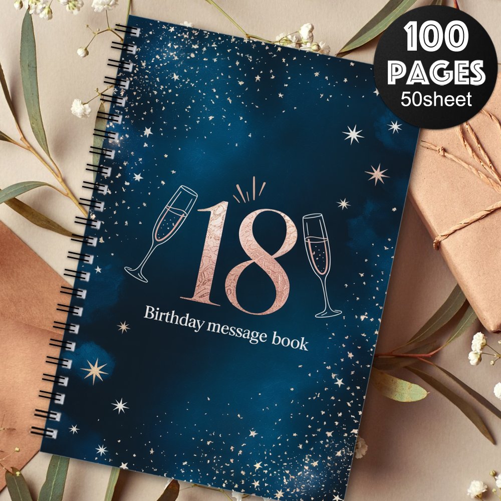 TEMU 1pc Carnet Spirale Esthétique pour Fête d'Anniversaire, Design avec Fond Ciel Étoilé Bleu , Étoiles Dorées et Blanches, Verres à Champagne,