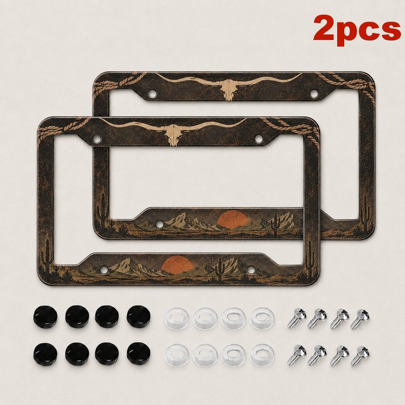 TEMU Cadre de plaque d'immatriculation en aluminium à motif dans le désert avec chapeau de cowboy, lot de 2 pièces, style western américain country,