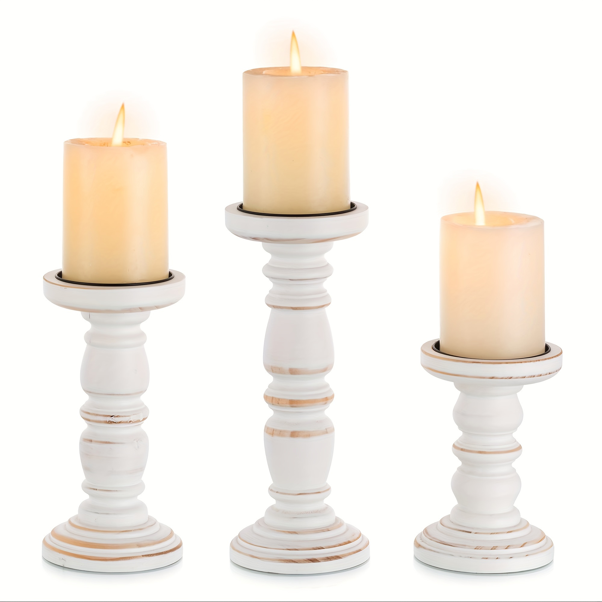 3pcs/set Of International Chess Feeling White Wooden Candle Holders, Polished Wedding Tabletop Candleholder Sets