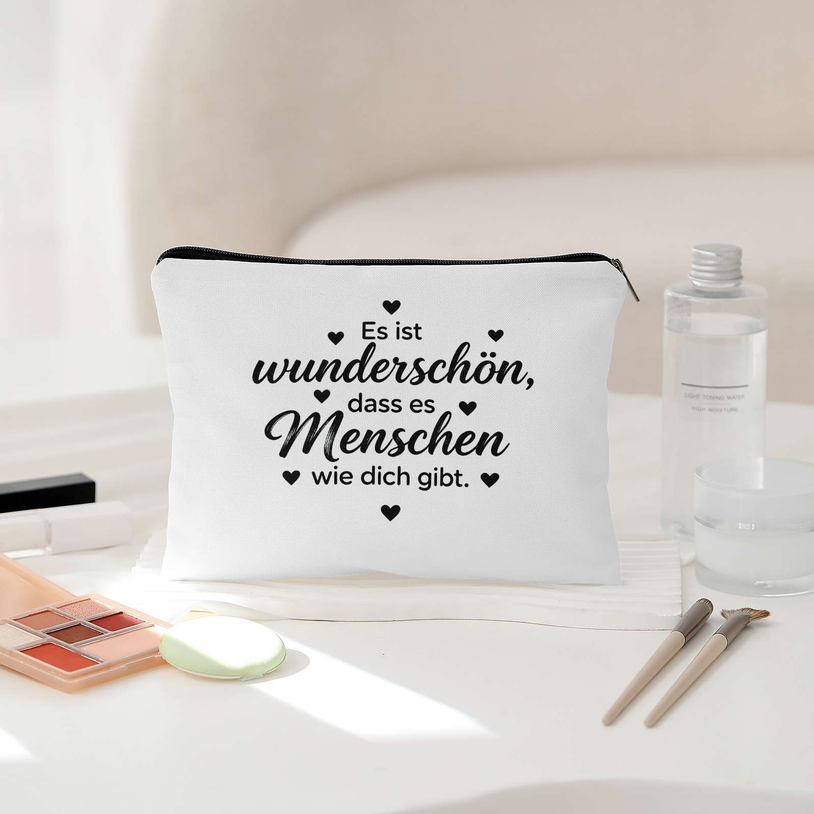 TEMU 1pc, German Text Double-sided Print Makeup Bag, Suitable For Storing Cosmetics And Toiletries, Valentine's Day And Birthday Gift, With Heart