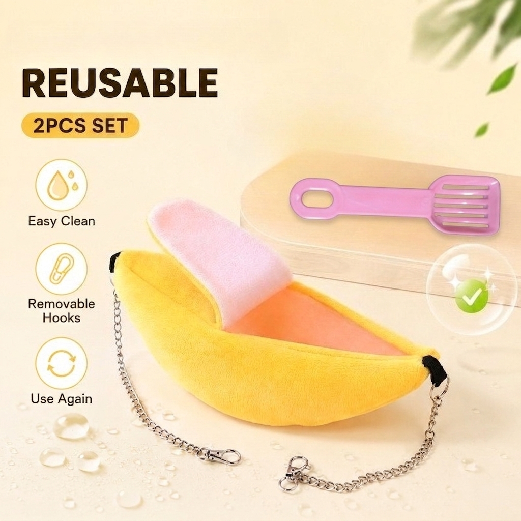 TEMU 2pcs Set: 1 Banana-shaped Hamster Hammock + 1 Hamster Sand Scoop, Color Random. Creative Small Pet Hanging Nest, Soft Plush Sleeping Bed. Sturdy