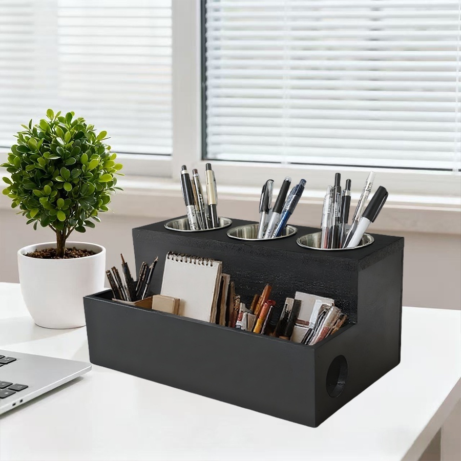 a wooden storage box with 3 stainless steel containers a dual purpose desktop and wall mounted multifunctional organizer suitable for office bathroom makeup hair tools hair dryers and   storage desk drawer organizer for home Product details 4