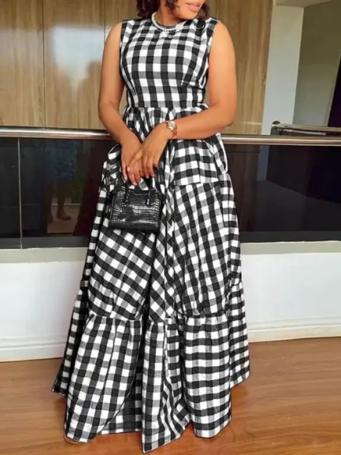 ちぃ　Dia Check Print Tiered Dress Gingham Tiered Mini Dress – English Factory