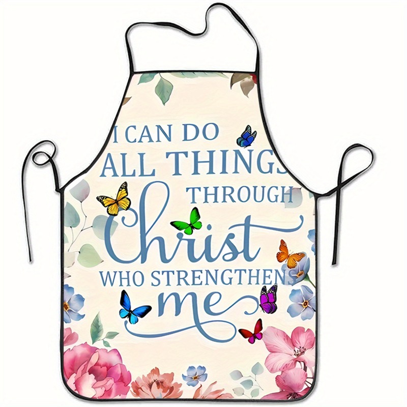 TEMU [open ]1pc Religious Text And Floral Print Sleeveless Polyester Apron, Unisex Household, Home Kitchen Baking Work Apron