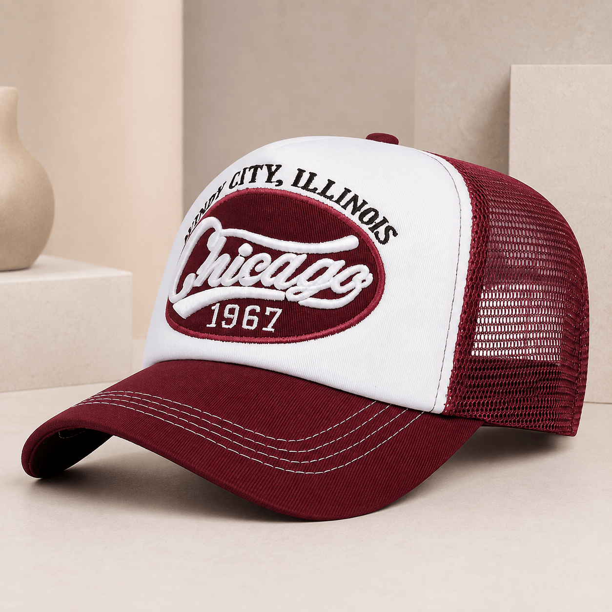 TEMU 1pc Meirunsen Men' & Women' Vintage Chicago Style Trucker Cap - Adjustable Baseball Hat With Embroidered, Mesh Back, Curved Brim, Retro Suitable