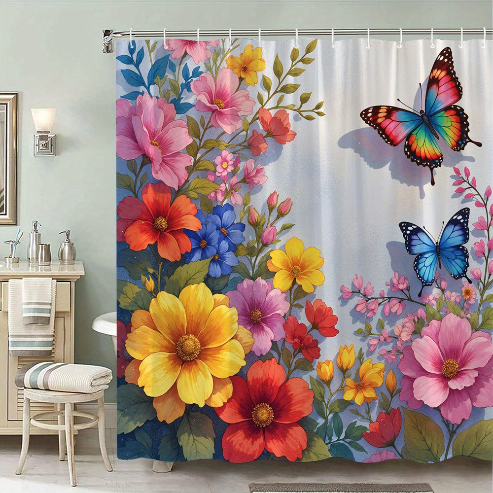 TEMU Shower/bath Curtain 1pc Colorful And Curtain, Vibrant Butterflies In Pink, Red, Blue, Green, Surrounded By Detailed Flowers In Yellow, Pink, And
