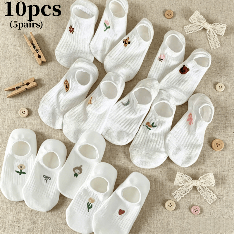TEMU 10pcs/5pairs Spring Summer Women' Printed Short Socks, Bow Floral And Heart Pattern, Random Style Comfortable Breathable Cute Invisible Socks,
