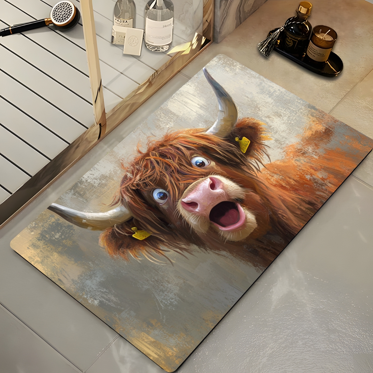 1pc whimsical highland cow portrait bath mat ultra absorbent diatomaceous earth non slip quick dry rug for bathroom   room   garden ideal gift personal care essential cow deco 0