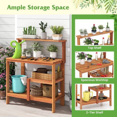 patio workstation with open shelves storage outdoor wood planting table flower plant display stand garden potting bench for backyard balcony