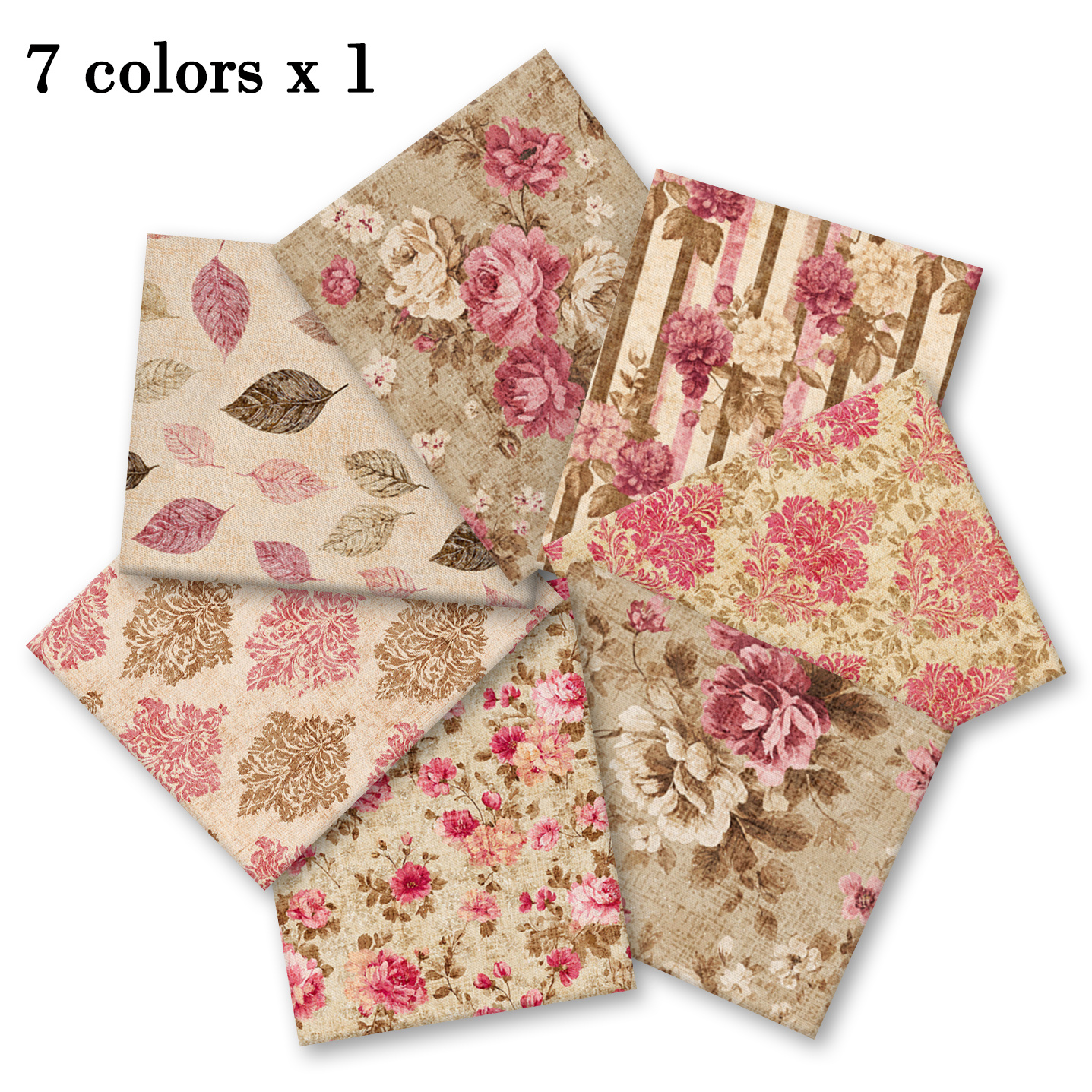 TEMU Conjunto de tela para pastel de 7 capas, combinación retro envejecida rosa marrón, diseño floral con bordes, beige, hojas y coloridas retro,