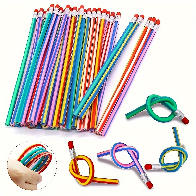 

50pcs Flexible Pencils With Erasers - Soft, Striped Design, Plastic - School Supplies & Holiday Gifts