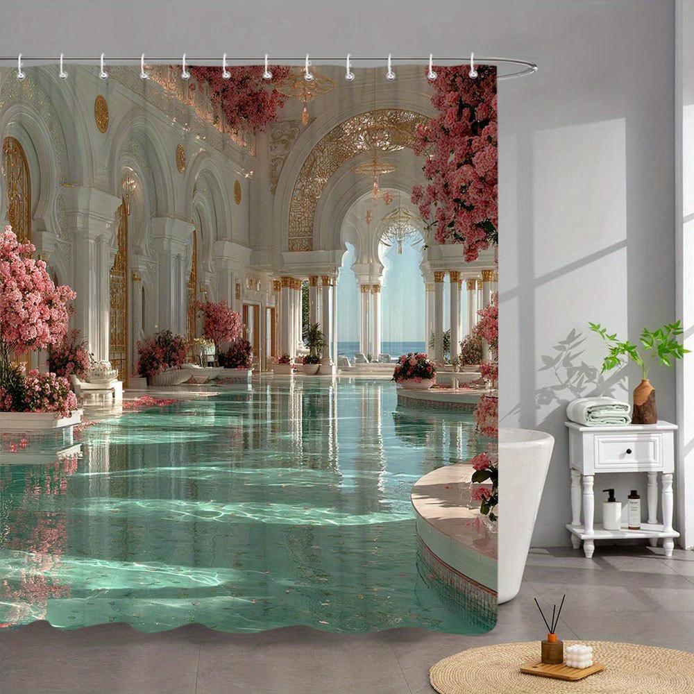 1pc A Luxurious Shower Curtain Featuring Of Turquoise Water, White Arches, Golden Columns, And , Measuring 70.86 X 70.86 Inches. Made Of Machine Washable Polyester And Comes With 12 Hooks