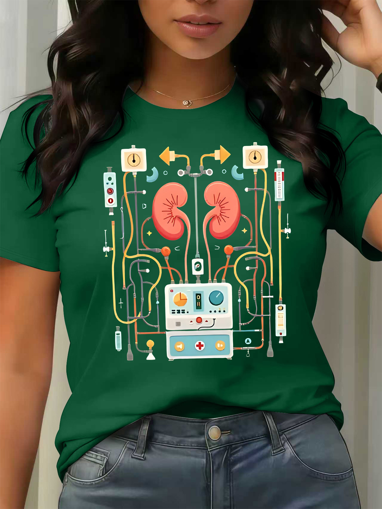 item picture kidney   equipment illustration spring and summer new womens sweatshirt round neck easy short sleeve personalized directional printing versatile top