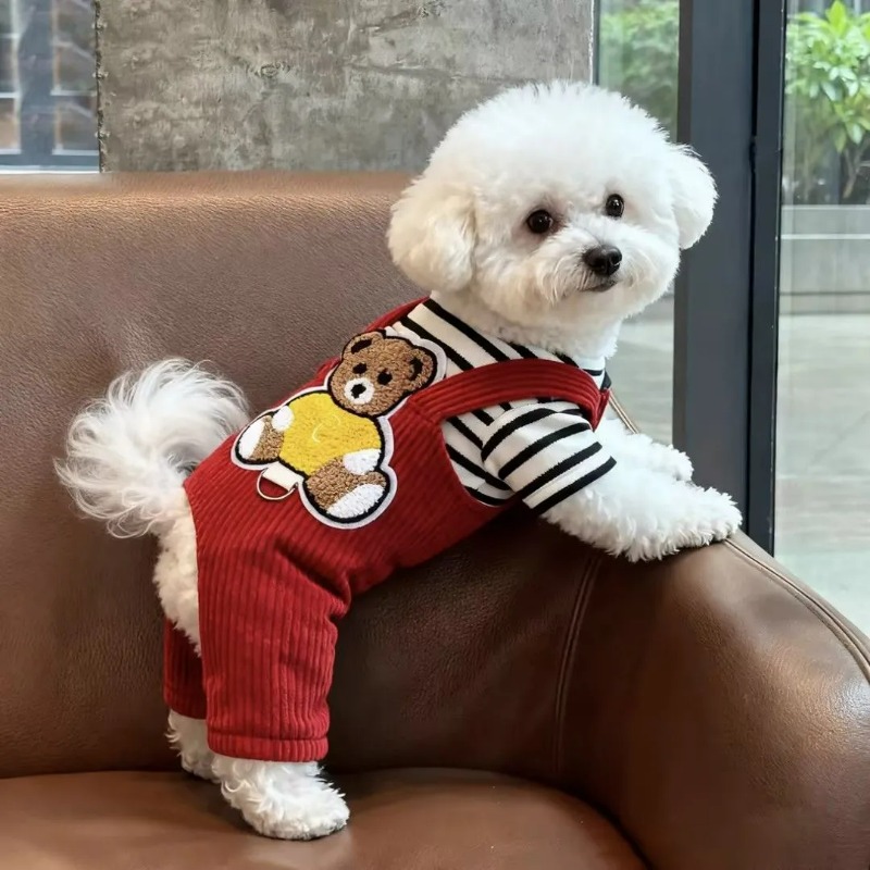 TEMU Fall Winter Thick Bear Embroidery Fake 2pcs Pet 4-leg Jumpsuit, Striped Inner + Corduroy Overalls, Back D-ring, -proof Dog Outfit For Small Dogs