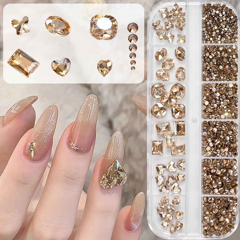 TEMU 12 Rejillas Navideñas de Lujo Champán Dorado para Uñas SS4-SS16 Mini Redondas con Formas de Estrás para Manicura Champán