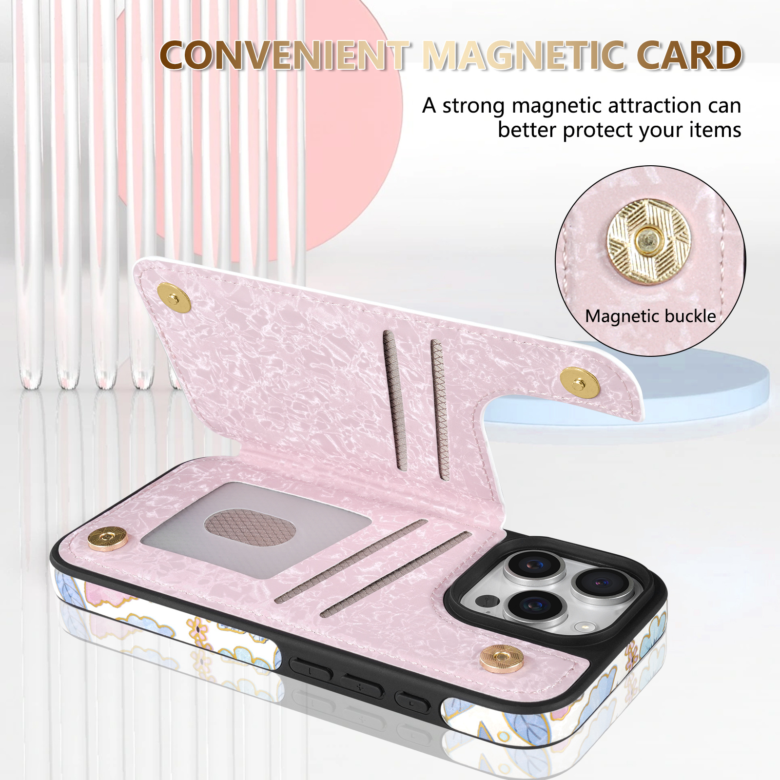 Luxury Wallet Foil Printed Embossing Hot Stamped Floral Pattern Double Buckle RFID Blocking With Card Slot Support Flip PU Artificial Leather Case Compatible With for iphone 16 Pro Max 15 Plus 14 Pro 13 Mini 12 11 XS MAX XR 7 8 SE2 SE3 Business Cover