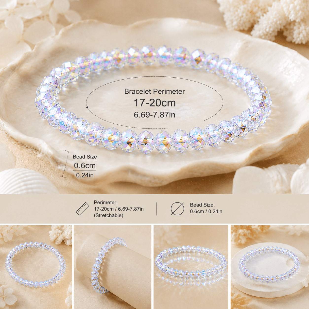 2pcs Rainbow Aurora Crystal Beaded Bracelets, Sparkly Gift