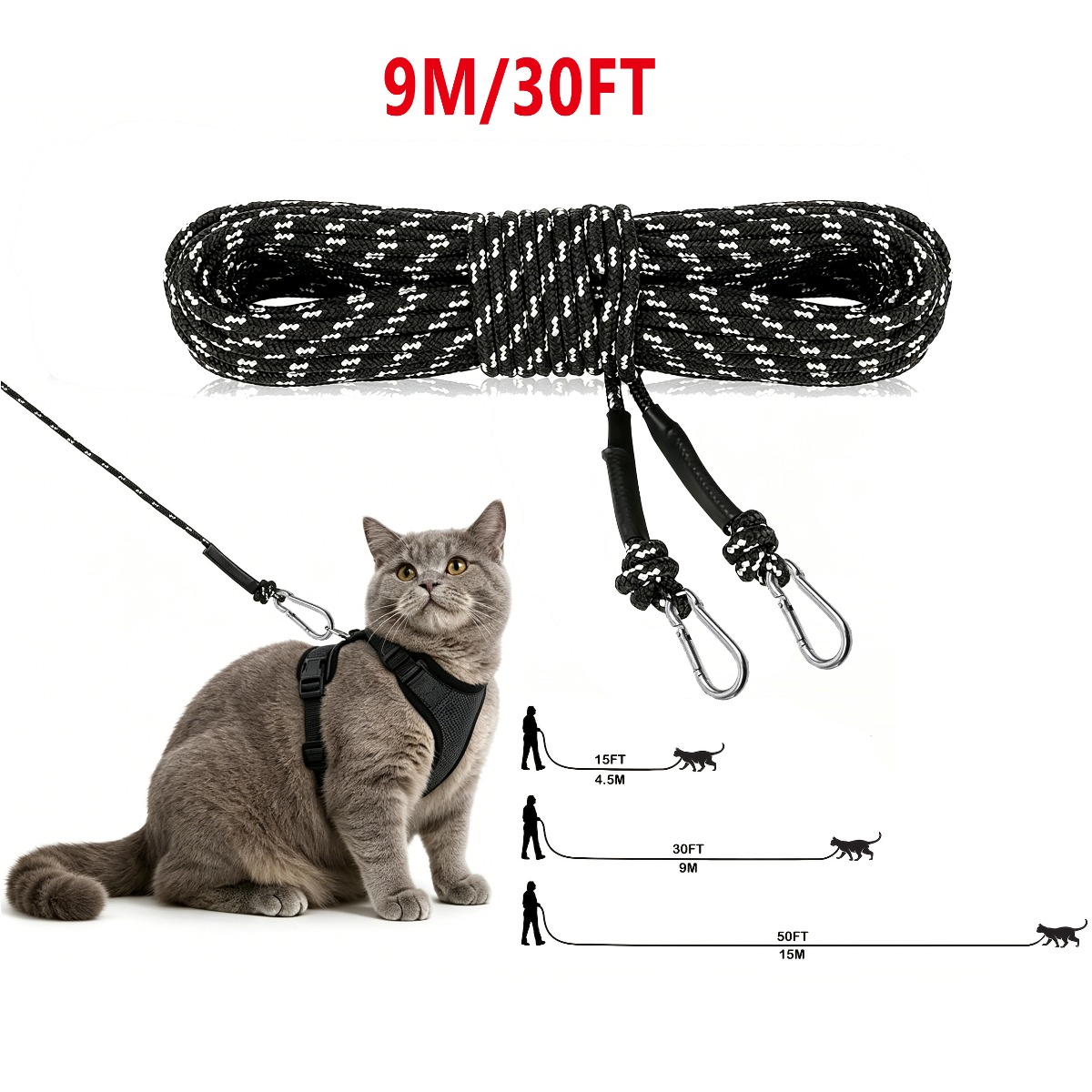 TEMU 1/2/3pcs 4.5m/9m/15m Long Reflective Cat Training Leash, Heavy Duty Anti-break Cat Tie Out Rope With Double Carabiners, Outdoor Backyard Walking