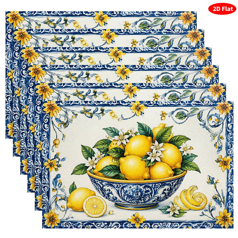 TEMU 6pcs Blue And Placemats Suitable Table Decor, Heat-resistant Washable Table Mats With Lemon Still , Hand Washable Rectangular Mats For Dining