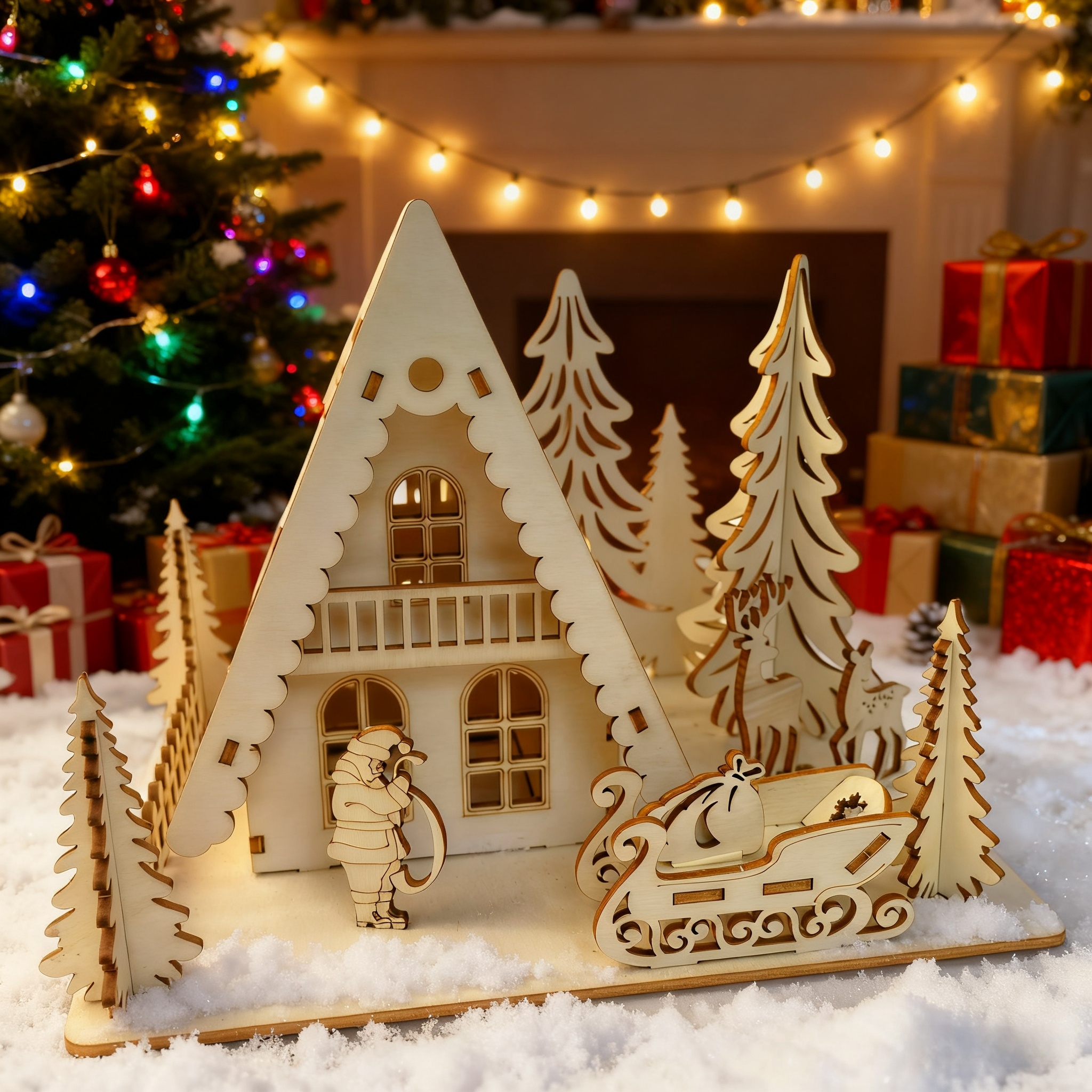 TEMU 2d Flat, 3d Wooden Christmas House Decoration - Intricate Santa Claus, Reindeer Sleigh & Pine Trees Scene Tabletop Ornament For , Mantel,