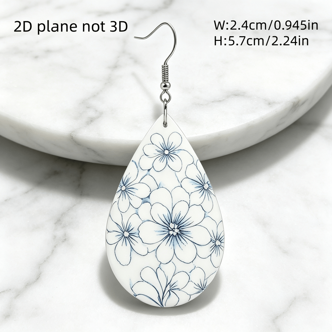 Blue White Floral Teardrop Dangle Earrings, Vintage Style