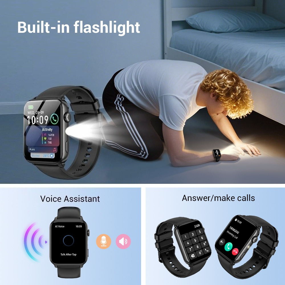 IOWODO Montre Connectée Homme Femme, Suivi Activité et Fitness avec Lampe Torche, Analyse du Sommeil, Fonction Vocale IA, Appel Sans Fil, Réception de Messages, Grand Écran Tactile HD 1.91 pouces, Plus de 100 Modes d'Exercice, Batterie Grande Capacité 350mAh