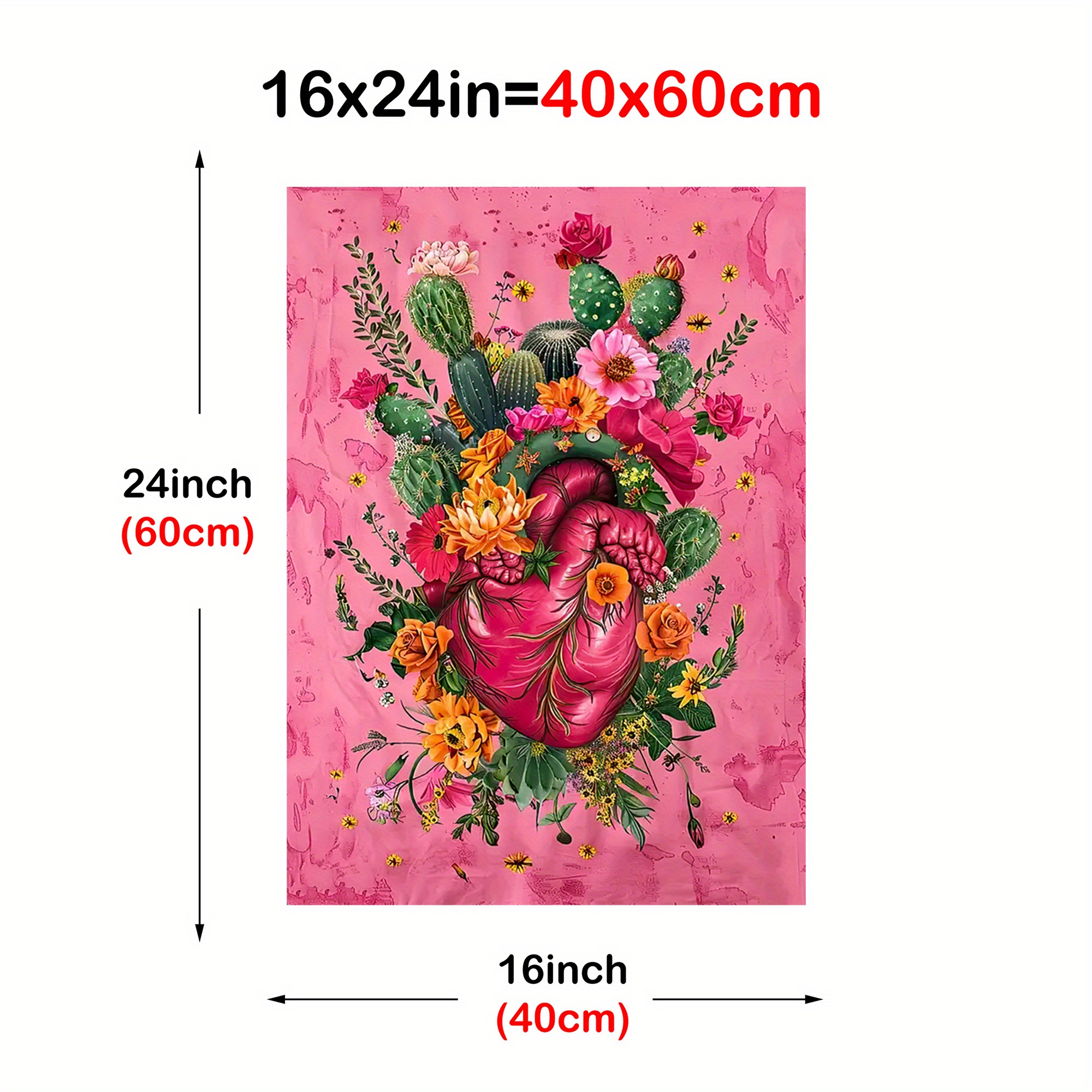 TEMU 1pc Mexican Cactus & Roses Heart-shaped Flower Wall - Vintage Modern Poster Suitable For Indoor/outdoor Use, Horizontal Frameless, Spring/autumn