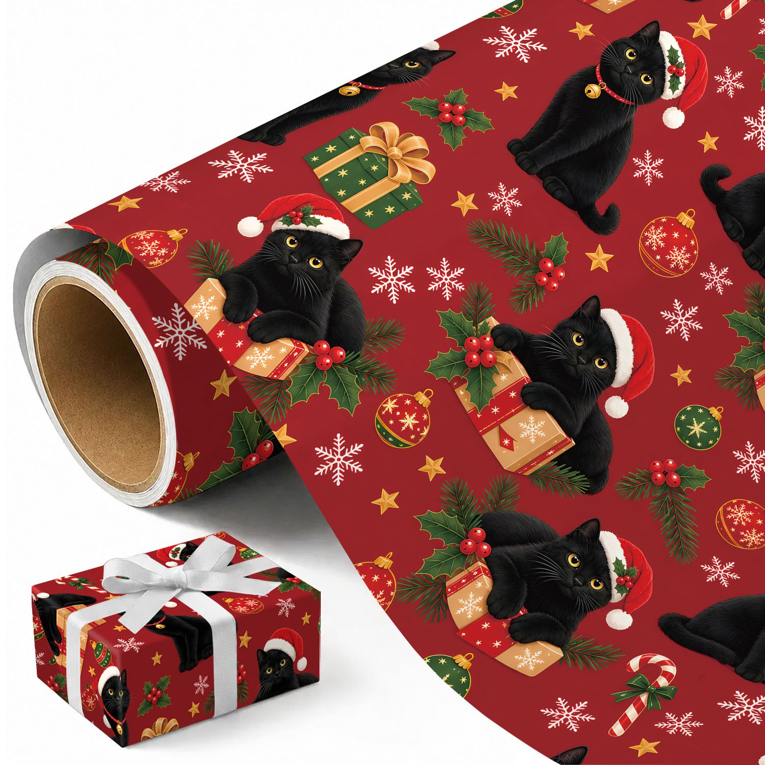 TEMU 1 Rolle Rotes Weihnachtsgeschenkpapier – Süßes schwarzes Kätzchen-Design für Weihnachten, Feiertagsmotive – Maße × 300 cm (17,7 Zoll × 118 Zoll)