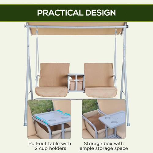 2 person porch swing with stand outdoor swing with canopy pivot storage table 2 cup holders cushions for patio backyard beige