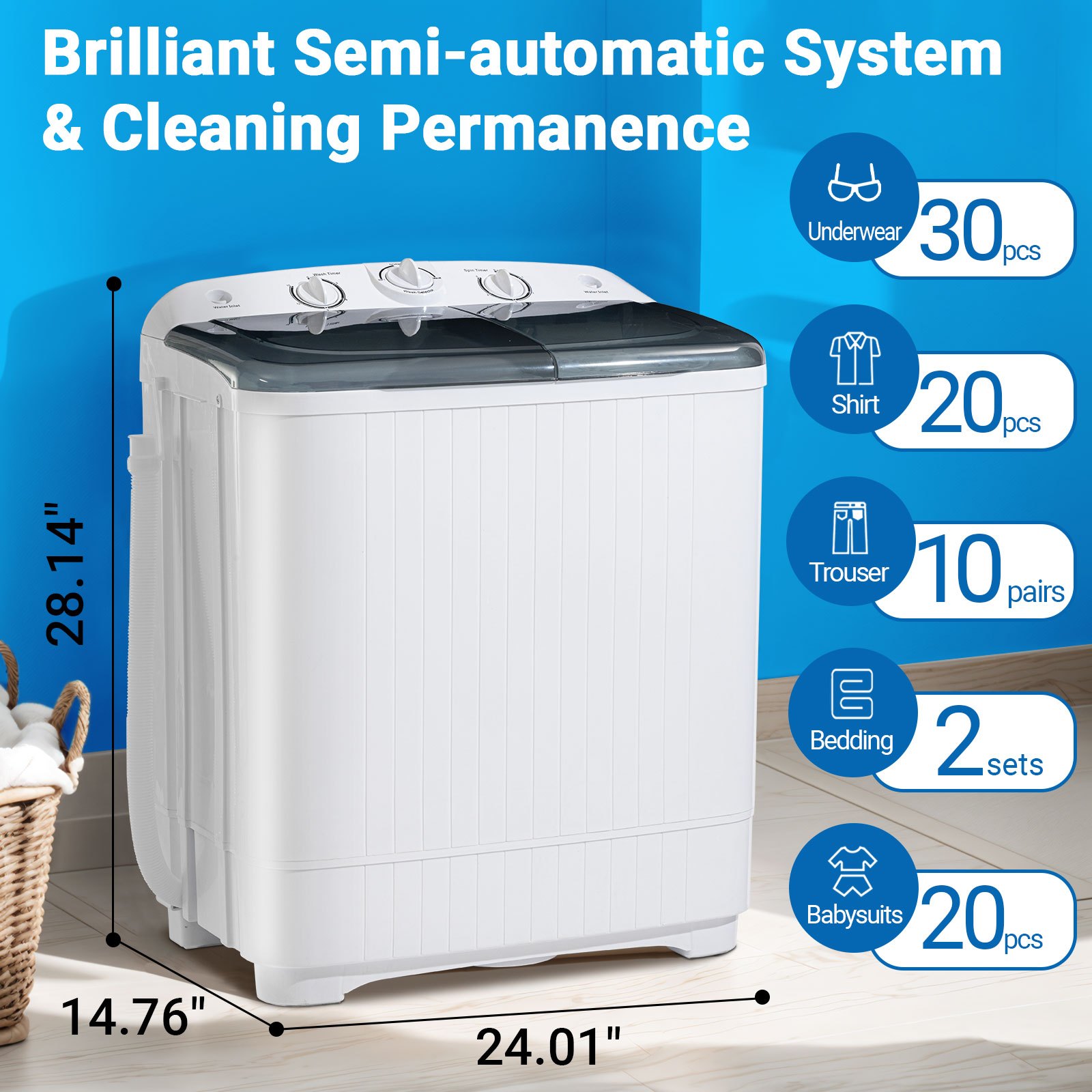 TEMU 18/ 22/ 32lbs Capacity Portable Washer, Washing Machine, Free 10 Hangers And 1 Drying Rod - Space, 1300rpm, Energy And Care Of Your Clothes -