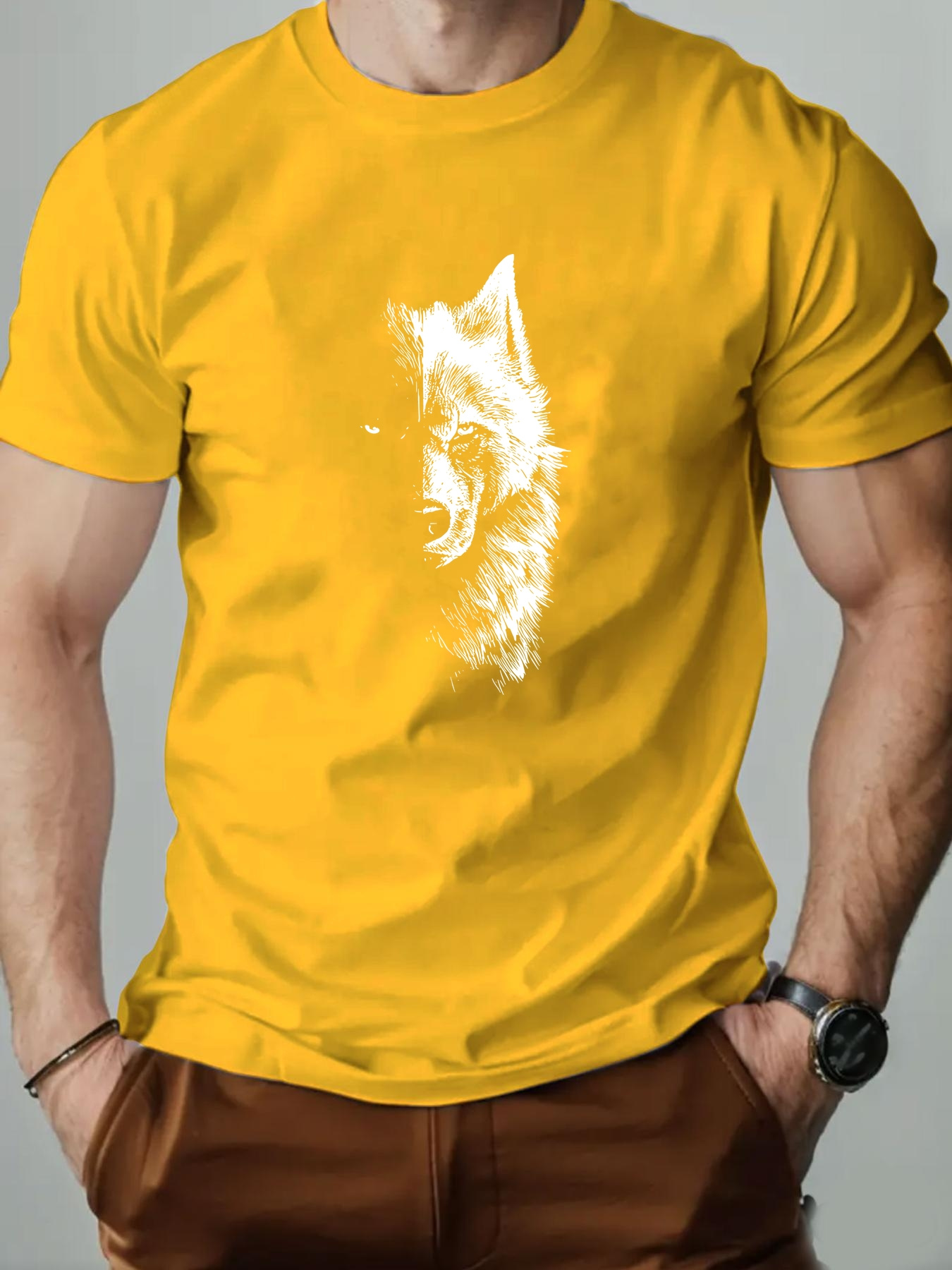 mens casual summer cotton t shirt with half wolf graphic print round neck short sleeve lightweight breathable beige tee for casual attire