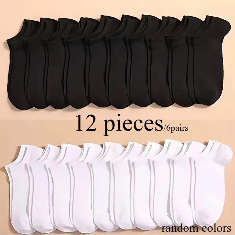 TEMU 12pcs (6 Paires) Chaussettes Noires/Blanches Chaussettes Couleur Durable et Polyvalent à l' Absorbant Couleur Aléatoire Respirant Confortable