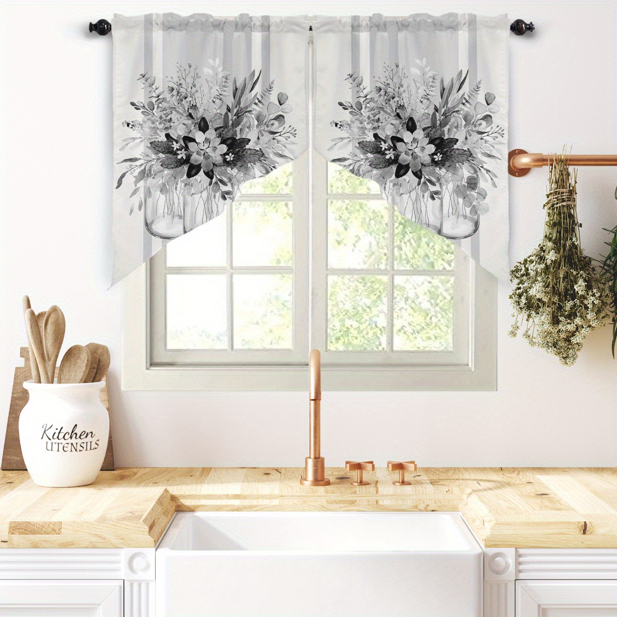 TEMU 2pcs Bohemian Floral Black And White Glass Vase Pattern Sheer Curtains - Light Filtering, Rod For , Perfect For Kitchen, Living Room, Bathroom