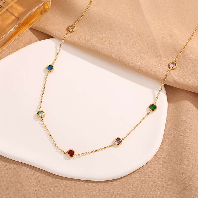 Women's Multi-Color Round Cubic Zirconia Necklace, 18K Gold-Plated