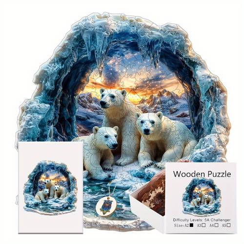 3pcs polar bear wooden puzzle 3 challenging level sa with scene durable plywood educational toy for hand eye coordination skills holiday gift for christmas thanksgiving halloween white gift box