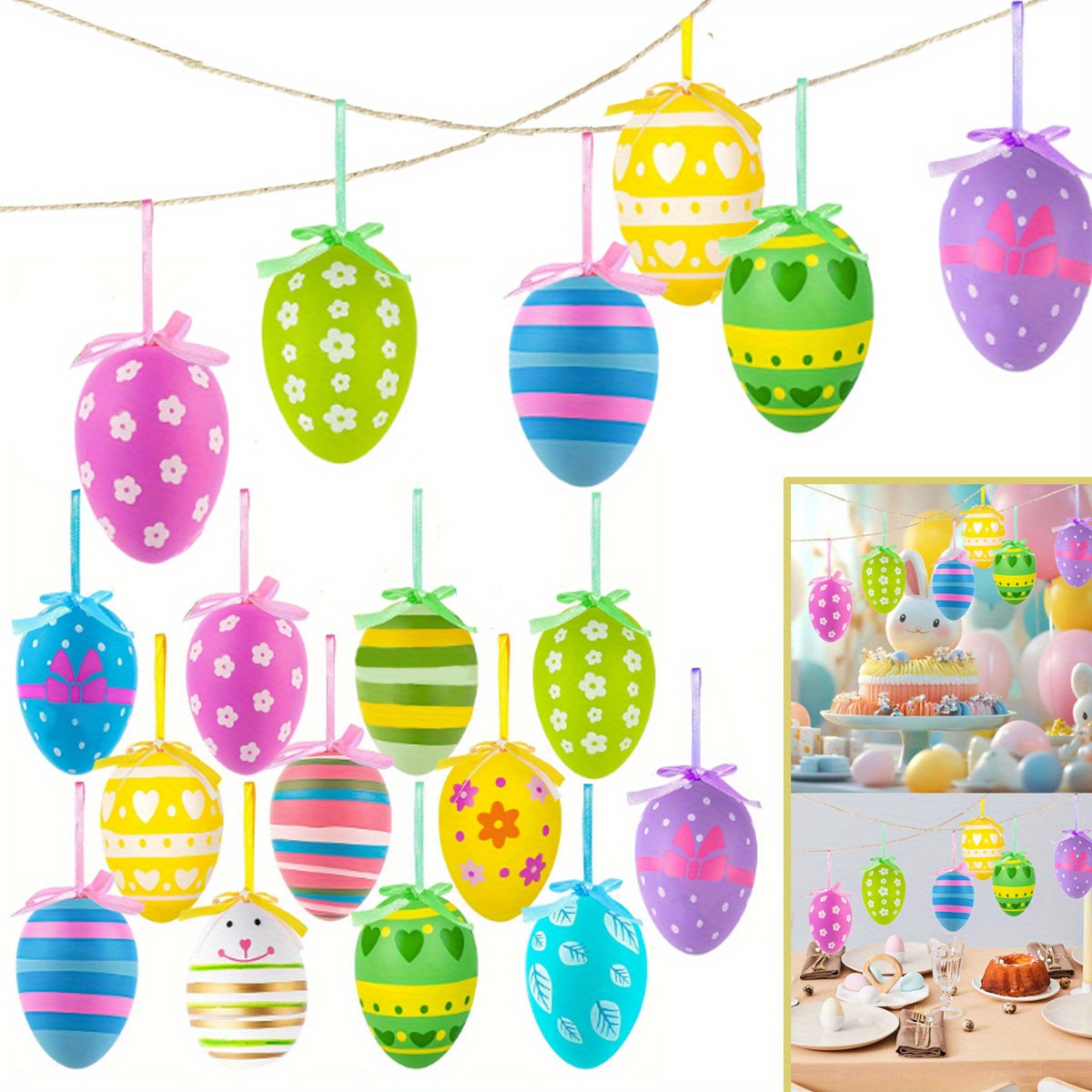 

24pcs Ornaments Multicolored Hanging Plastic Eggs 12 Design Bunny Easter Basket Filler Tree Decor For Easter Birthday Wedding Home Party Favors Supplies