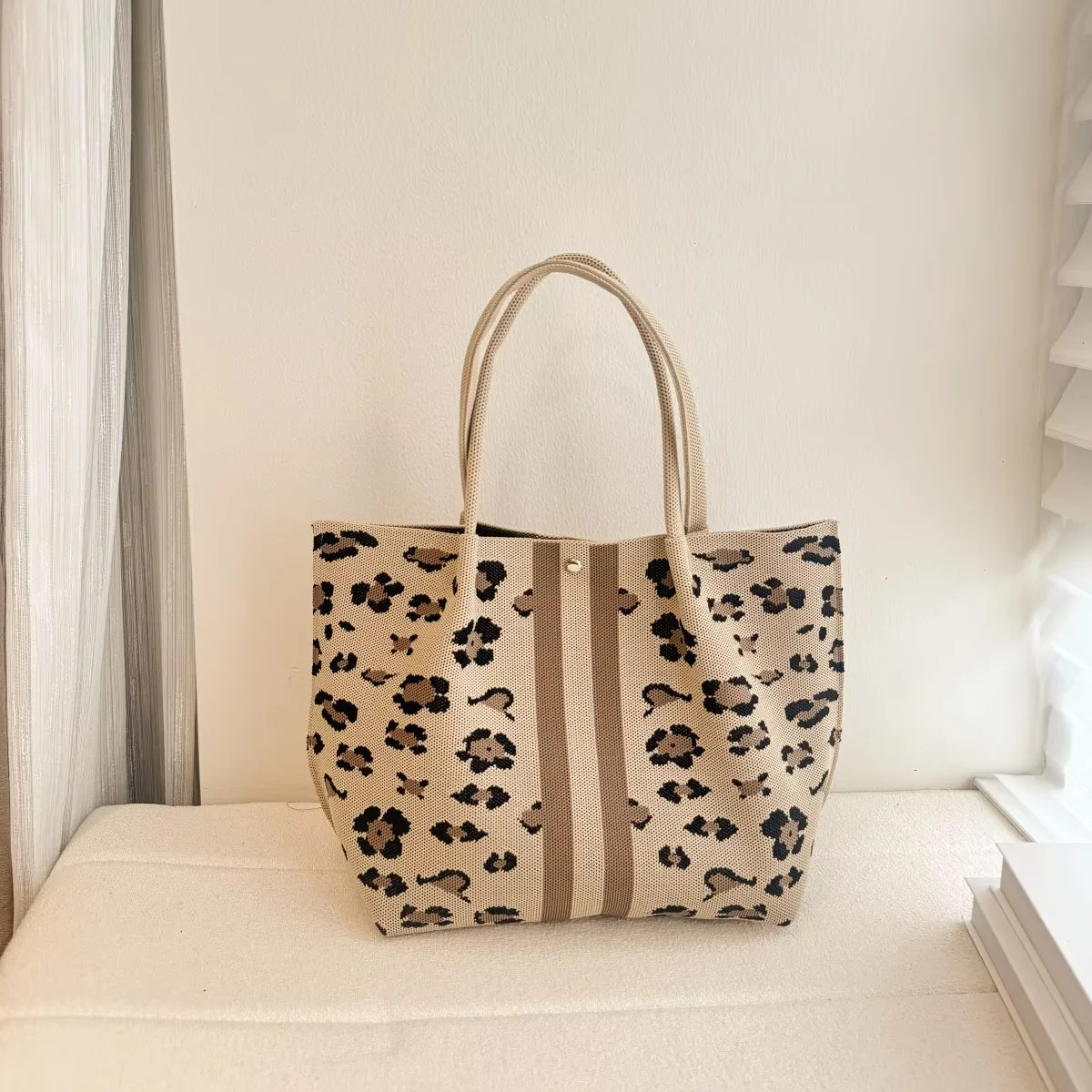 New Leopard Print Vertical Stripe Knitted Shoulder Tote Bag, Durable Large Capacity Shopping Bag