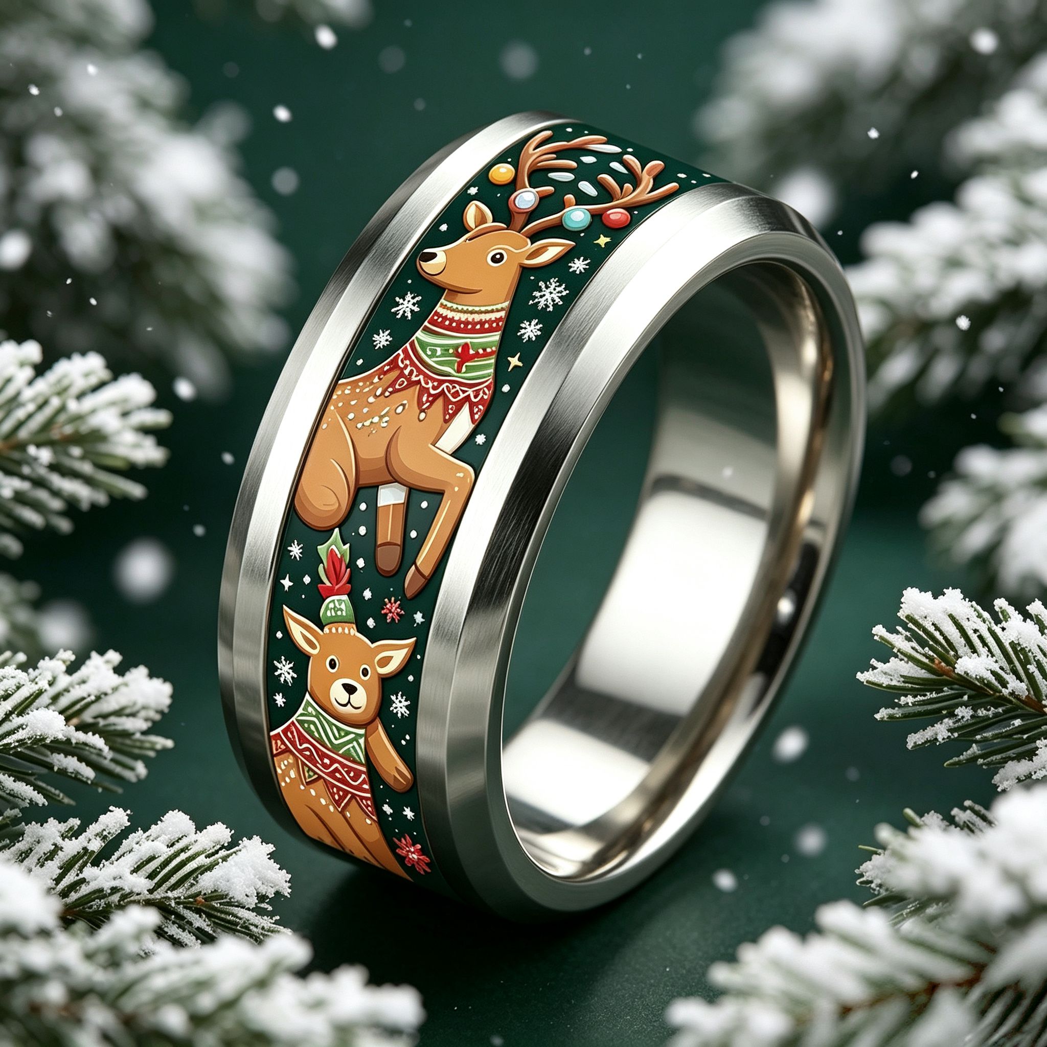 Christmas Double Reindeer Snowflake 304 Stainless Steel Ring