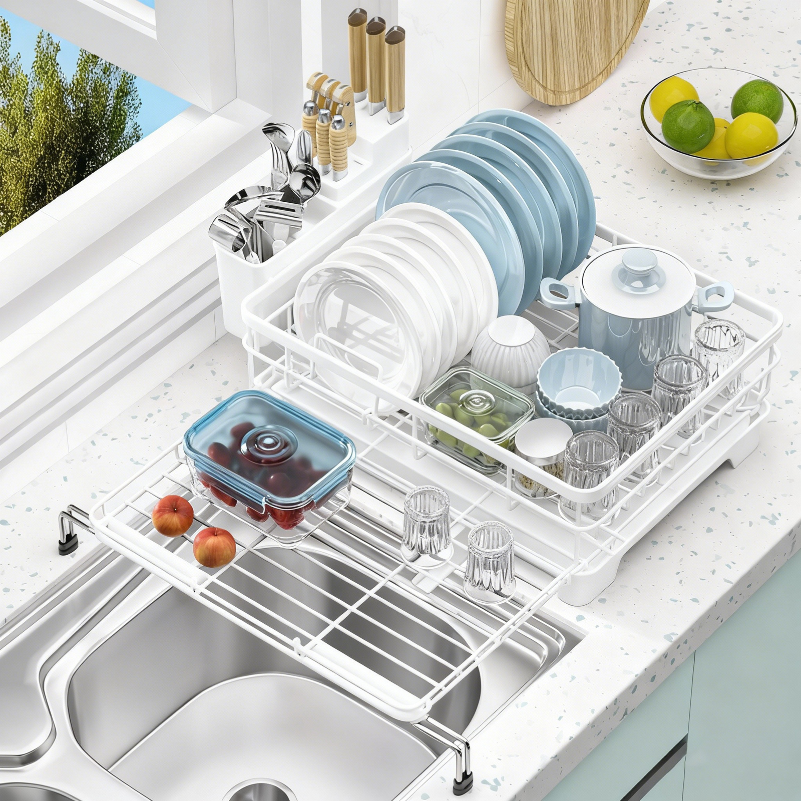 TEMU 1pc Expandable Dish Drying Rack Carbon Steel Dish Rack For Kitchen Counter, Space Saving Dish Drainer With Utensil Holder And