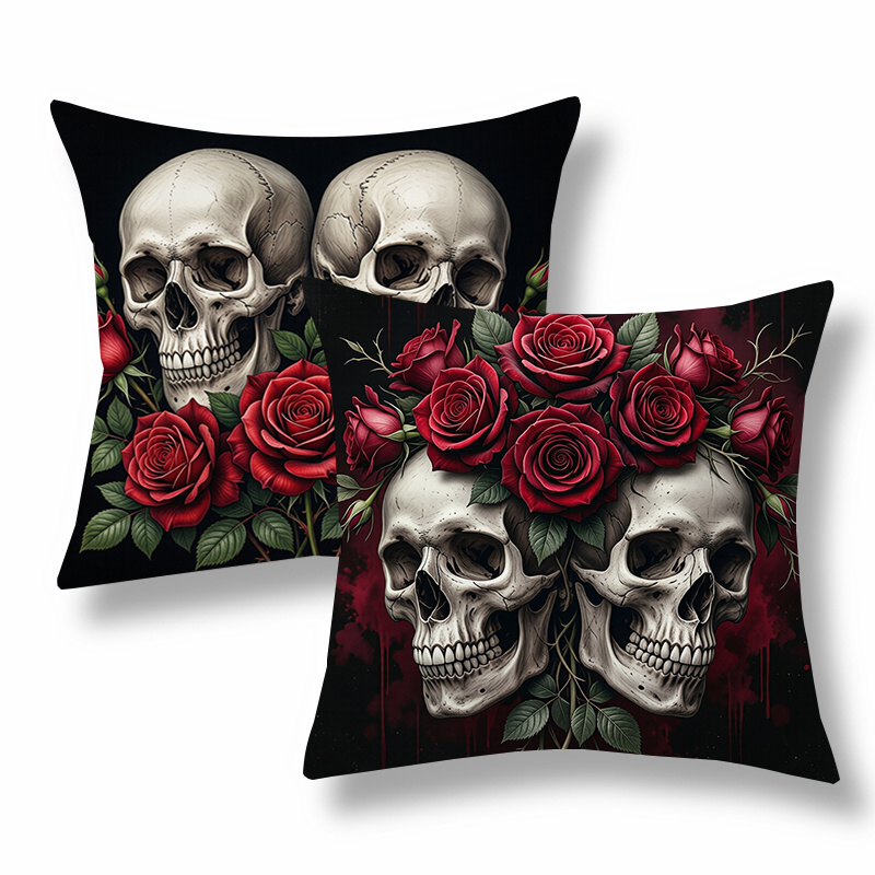 TEMU 2pcs Gothic Style Throw Pillow Covers,decorative Cushion Cases, And Rose With Dark Aesthetic,black - Red Tone.versatile For Living