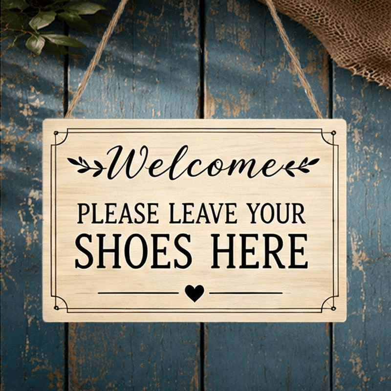 TEMU [2d Flat] Light Wood-colored Welcome Wooden Plaque | "welcome" Please Remove Shoes And Change Shoes Entry Etiquette Reminder Hanging Sign | Jute