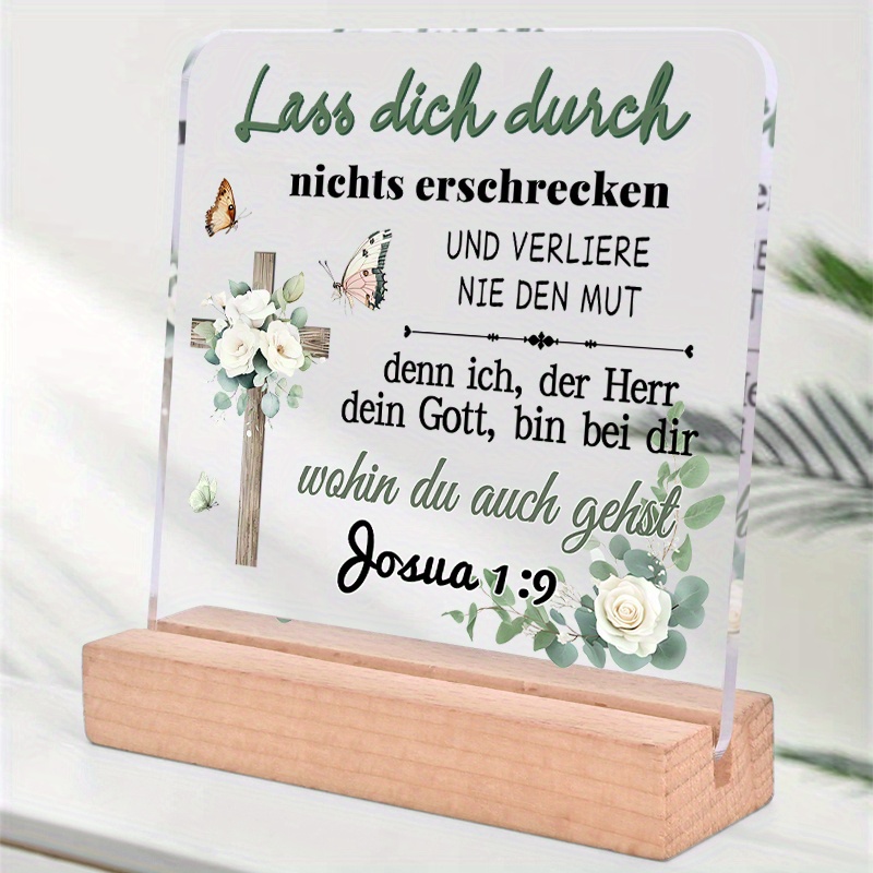 Image of 2d Flat, German Inspirational Plaque With Green Floral Cross Design - Acrylic Desk Decor With Base, Contemporary Spiritual Home , Religious Keepsake Gift For Parties & Celebrations, 2d Flat