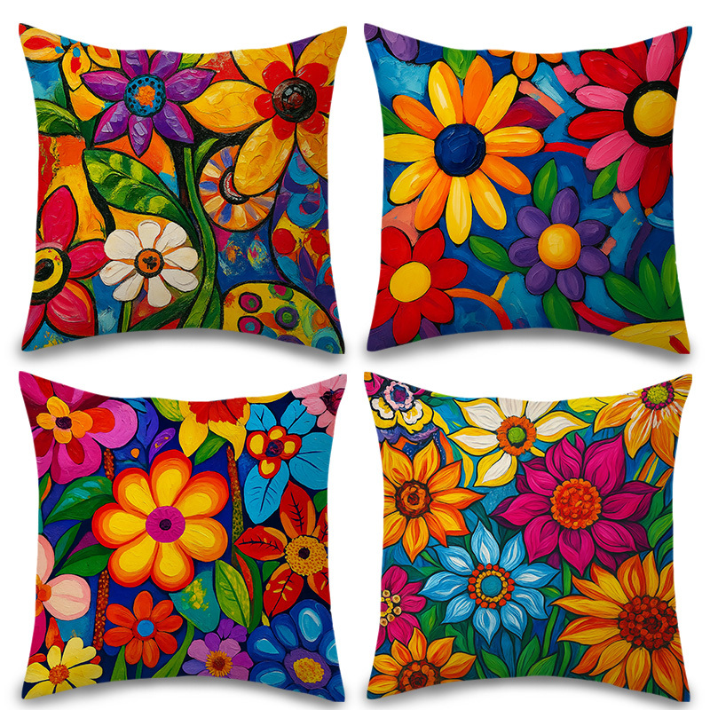 TEMU 4pcs, Colorful Oil Painting Floral Print Pillowcases, Vibrant Retro Decor Cushion Covers, Gift For Family, , , Zipper Closure, Multiple Sizes