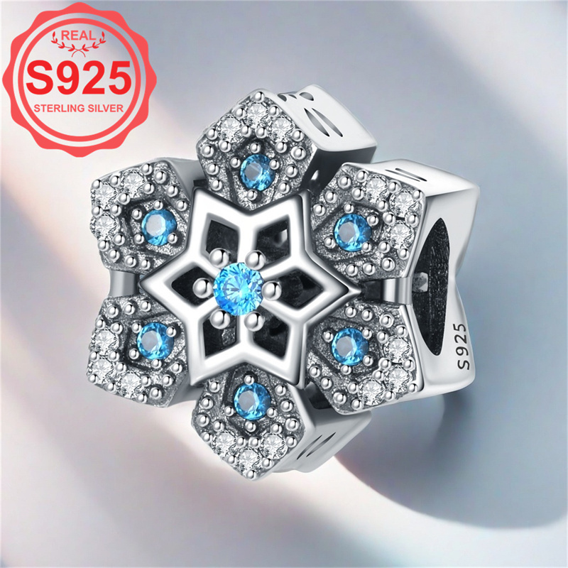 

1pc Elegant 925 Sterling Silvery Snowflake Charm, Blue Gemstone Bead For Making, Fashion Accessory Gift For Women